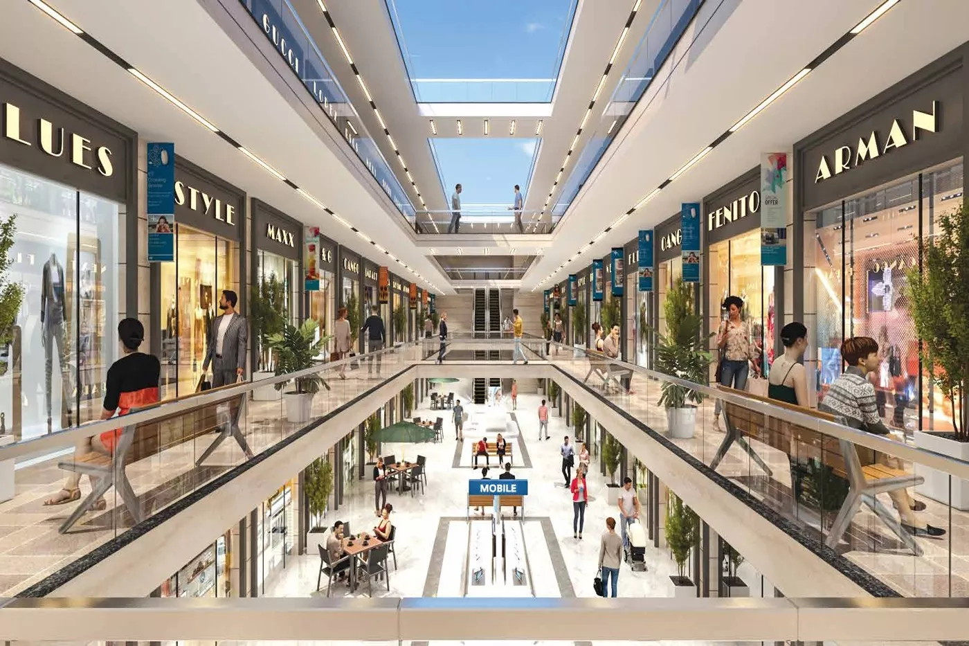 Elegant JMS Capital Square lobby with grand design, arched storefronts, and premium seating area