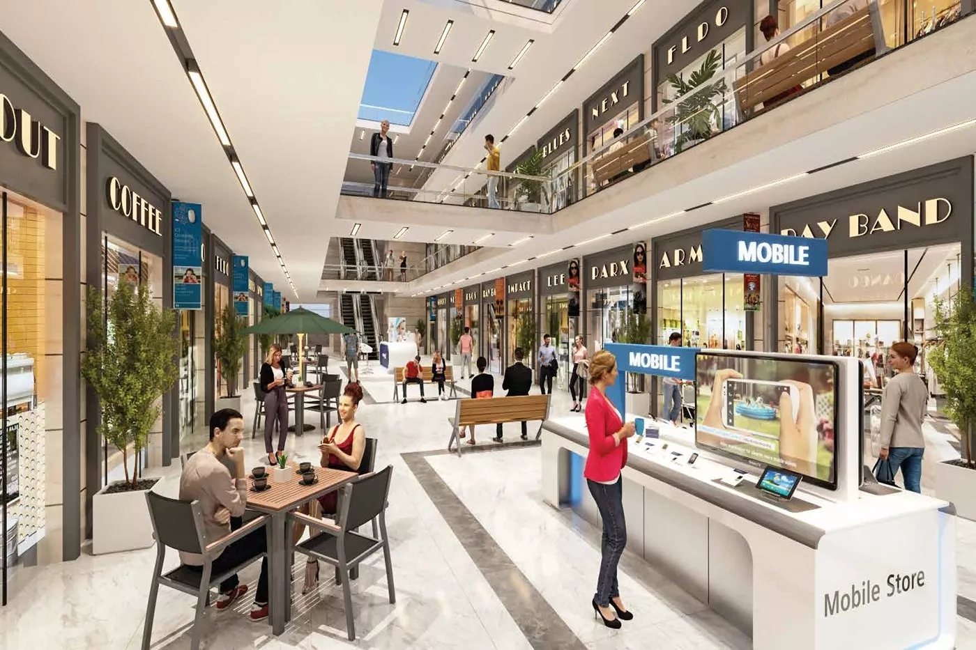JMS Capital Square commercial complex interior with retail shops, food outlets, and shopping corridor