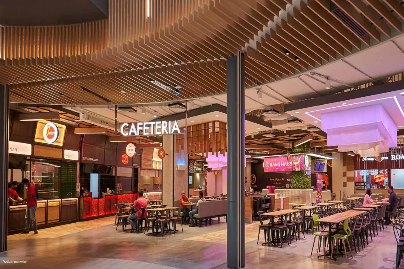 JMS Capital Square food court zone with modern seating, multi-level balconies, and premium finishes