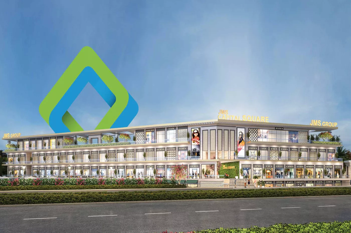 Exterior view of JMS Capital Square with modern glass facade & green terraces